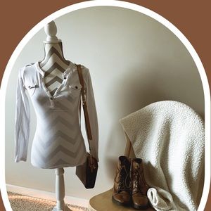 White Long Sleeve V-neck Half Button up